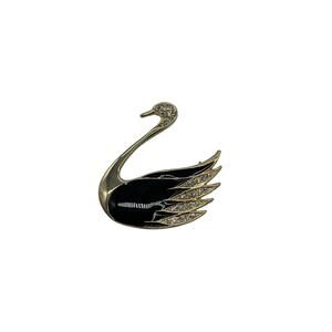 Black Enamel and Clear Crystal Stones Gold Tone Swan Brooch
